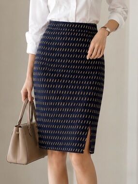 Anthropologie Maeve Navy Pencil Skirt with Yellow Stitch Motif